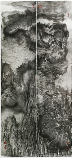 乐城麟作品《象由心生 水落沙冷鱼龙藏》规格：105cmX233cm